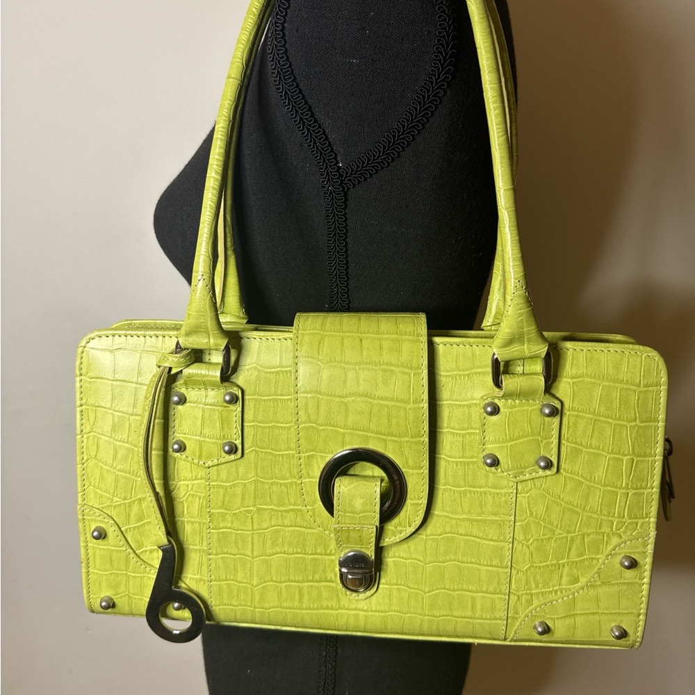 Lime Green Croc Embossed Shoulder Bag Y2K Retro 2000s Style Metal Ring Detail - Picture 7 of 8